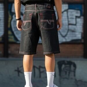 EVOLUTION IN DESIGN Mens Dark Wash Denim Shorts Size 36 Embroidered Pockets